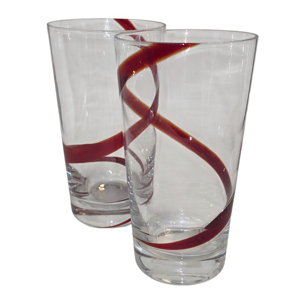 Pier 1 Imports Swirline Red Ribbon Highball Tumbler Glasses Set Water Vintage